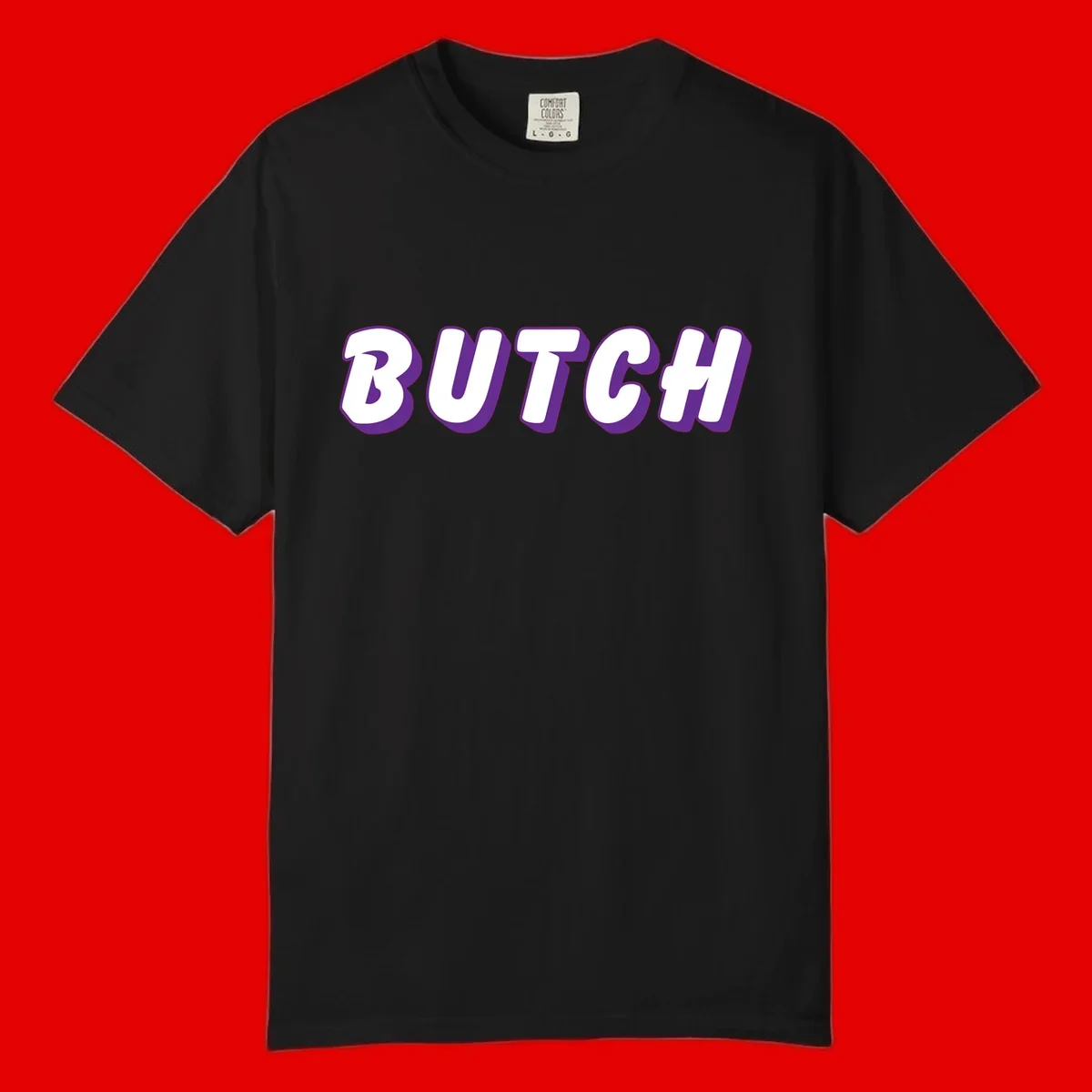 Bold purple and white 3D block letters spelling 'BUTCH' with shadow effect on gray background