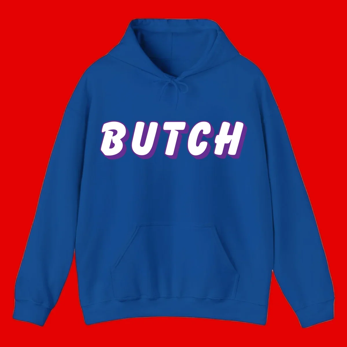 Bold purple and white 3D block letters spelling 'BUTCH' with shadow effect on gray background