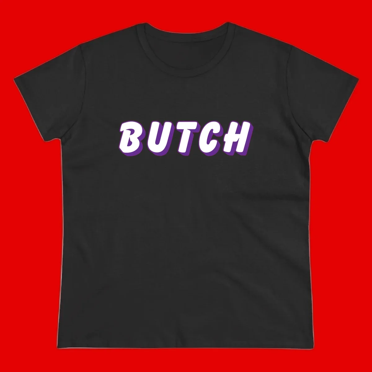 Bold purple and white 3D block letters spelling 'BUTCH' with shadow effect on gray background