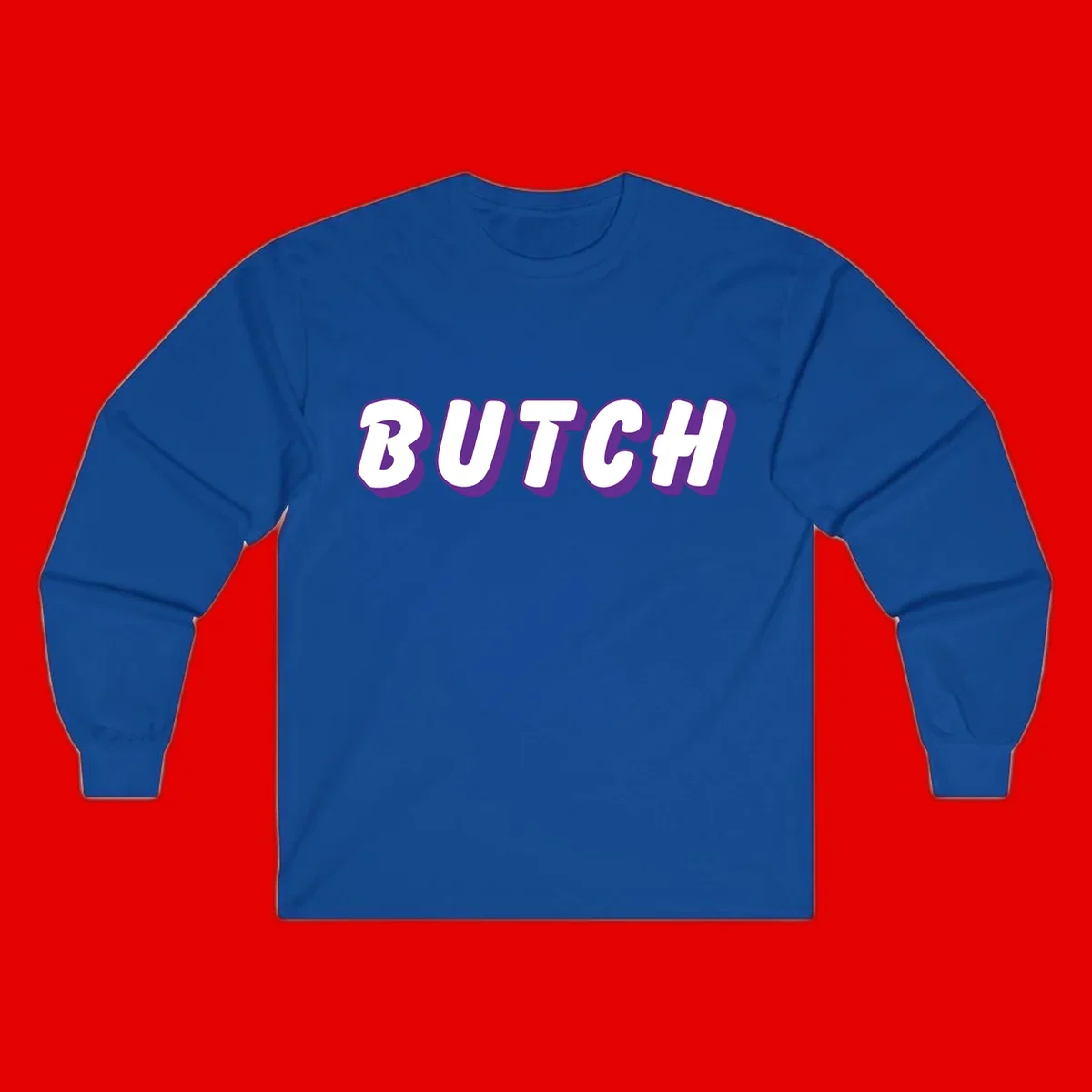 Bold purple and white 3D block letters spelling 'BUTCH' with shadow effect on gray background