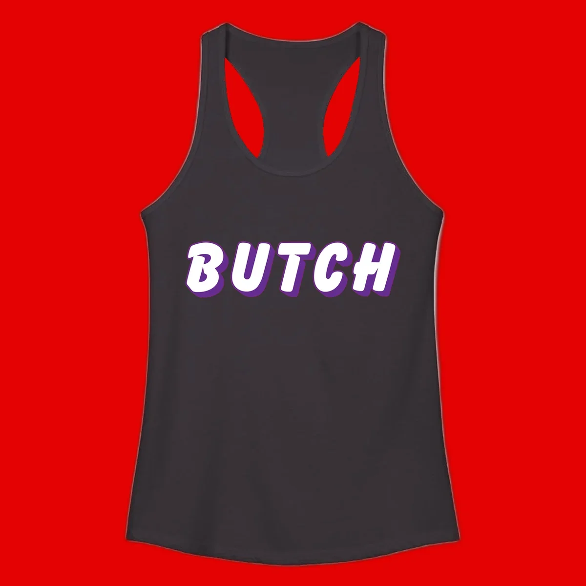 Bold purple and white 3D block letters spelling 'BUTCH' with shadow effect on gray background