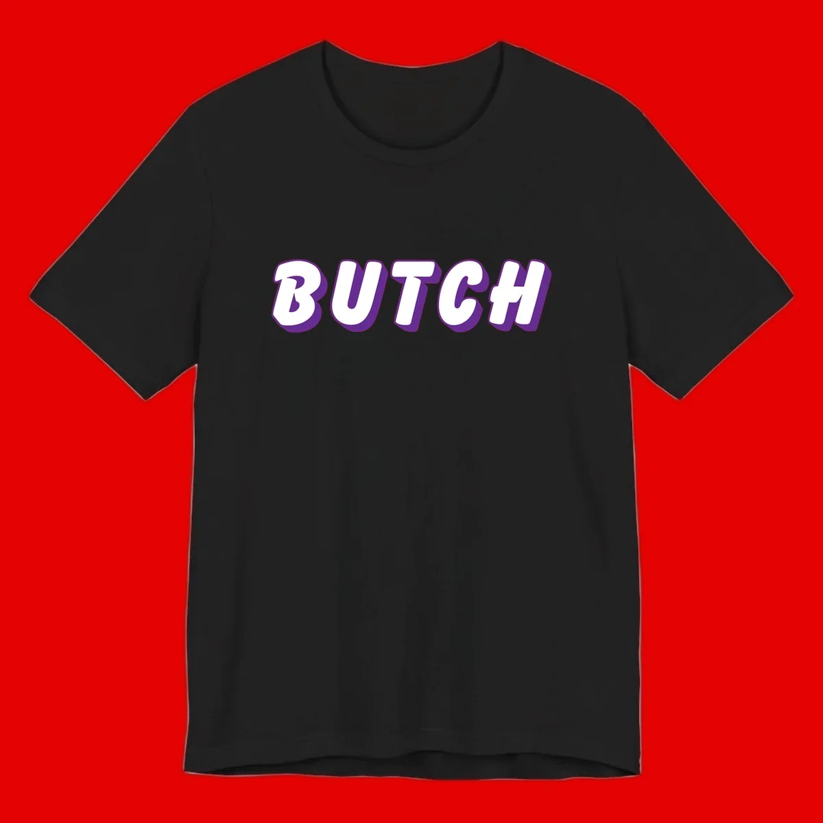 Bold purple and white 3D block letters spelling 'BUTCH' with shadow effect on gray background