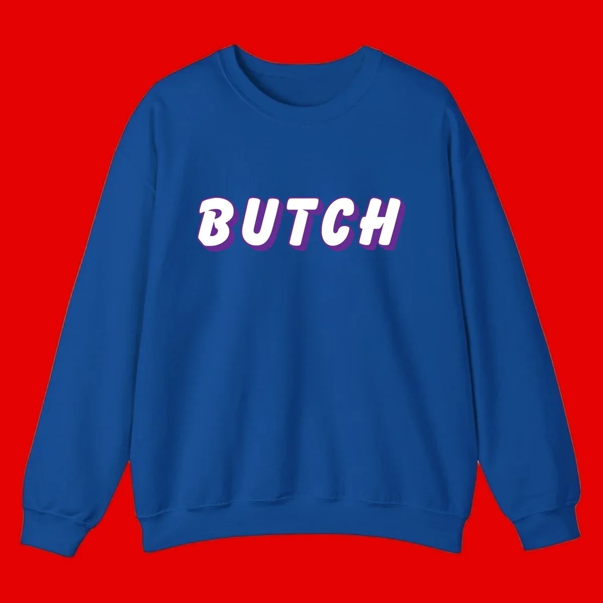 Bold purple and white 3D block letters spelling 'BUTCH' with shadow effect on gray background