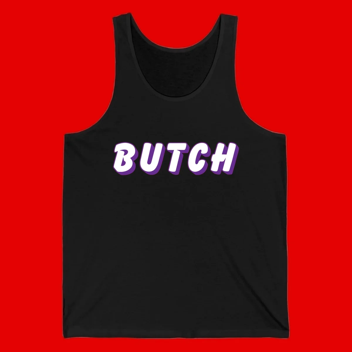 Bold purple and white 3D block letters spelling 'BUTCH' with shadow effect on gray background