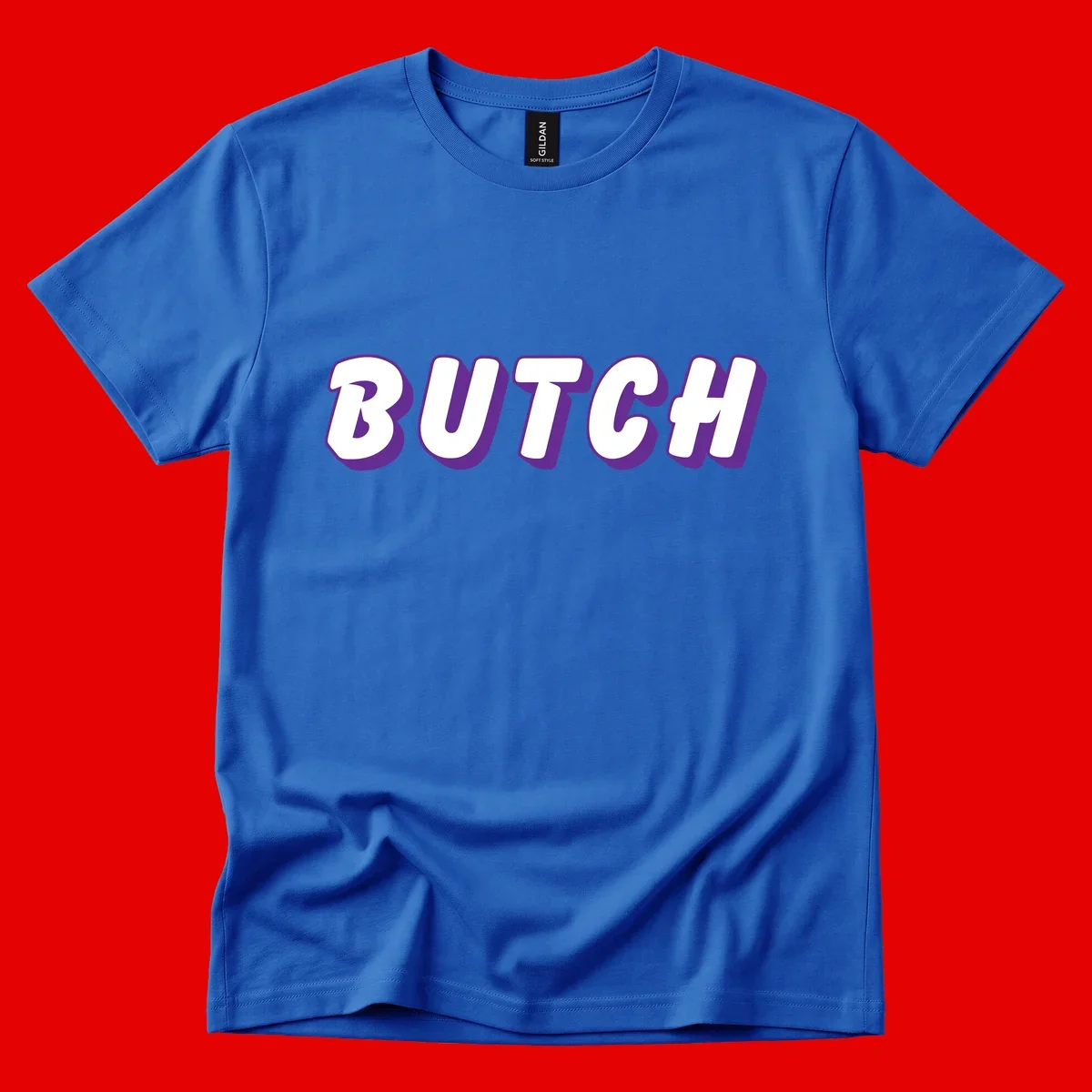 Bold purple and white 3D block letters spelling 'BUTCH' with shadow effect on gray background