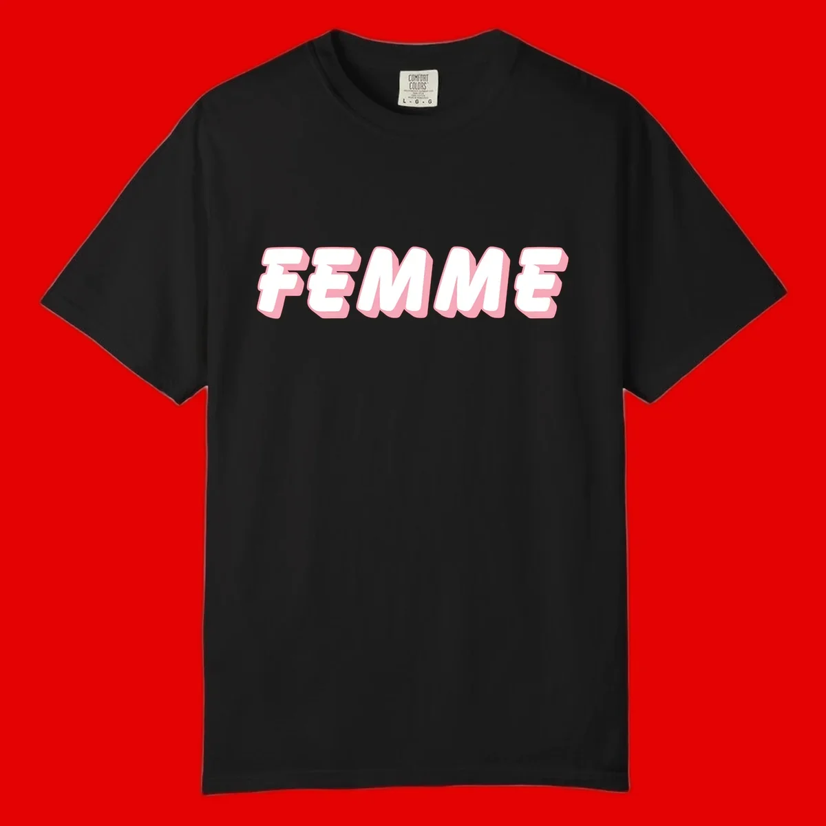 Bold 3D lettering spelling FEMME in white with pink dimensional shadowing on gray background