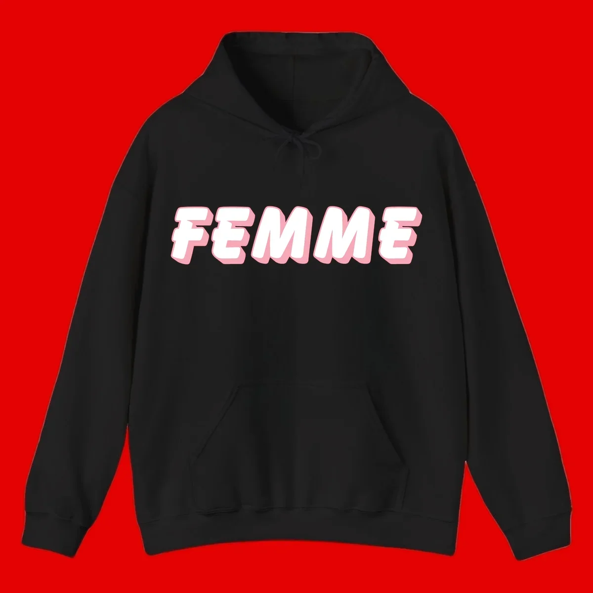 Bold 3D lettering spelling FEMME in white with pink dimensional shadowing on gray background