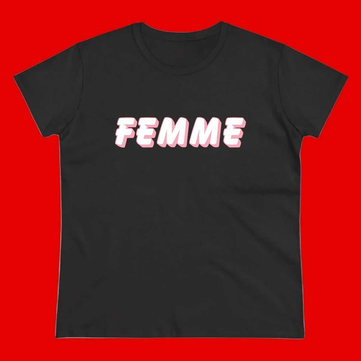Bold 3D lettering spelling FEMME in white with pink dimensional shadowing on gray background