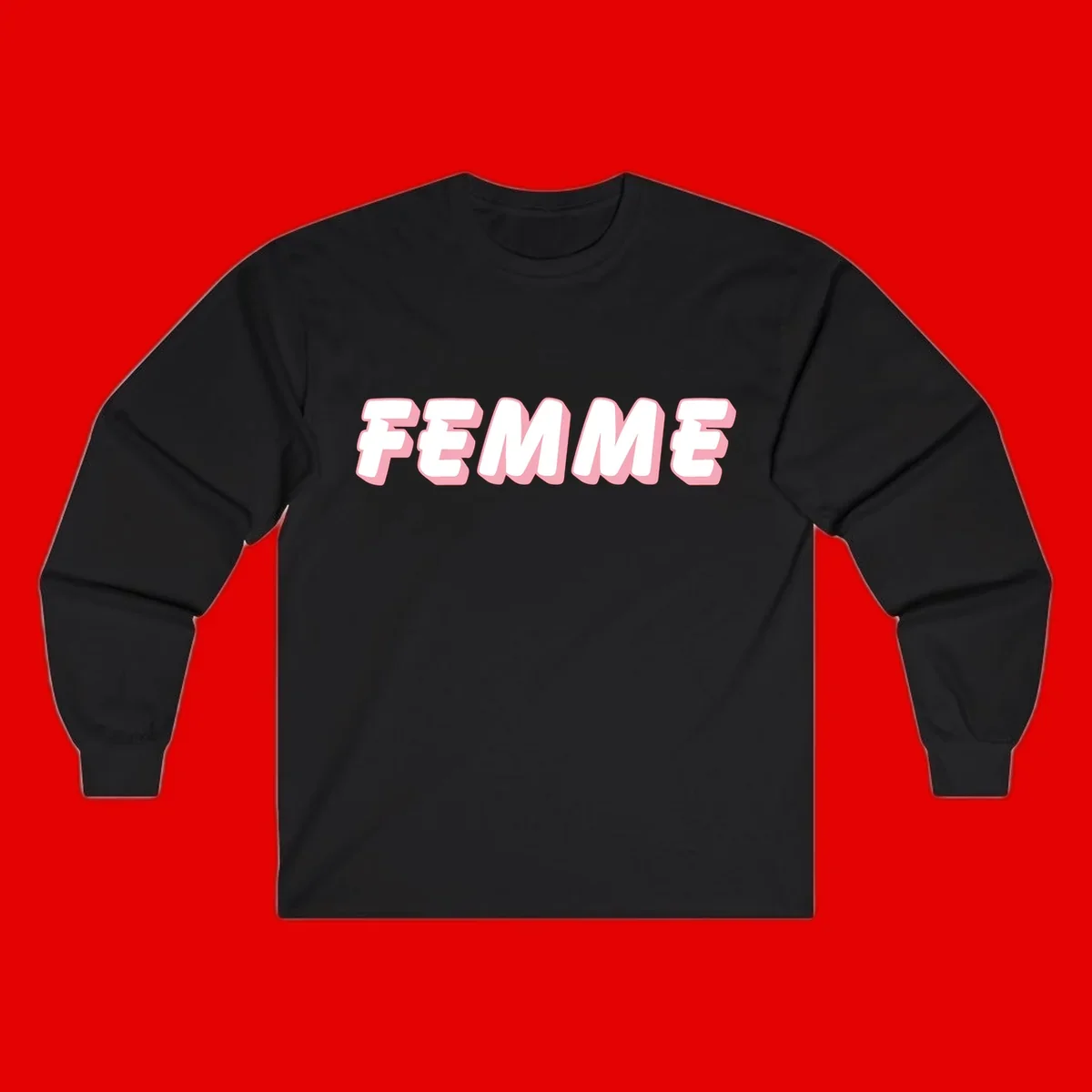 Bold 3D lettering spelling FEMME in white with pink dimensional shadowing on gray background