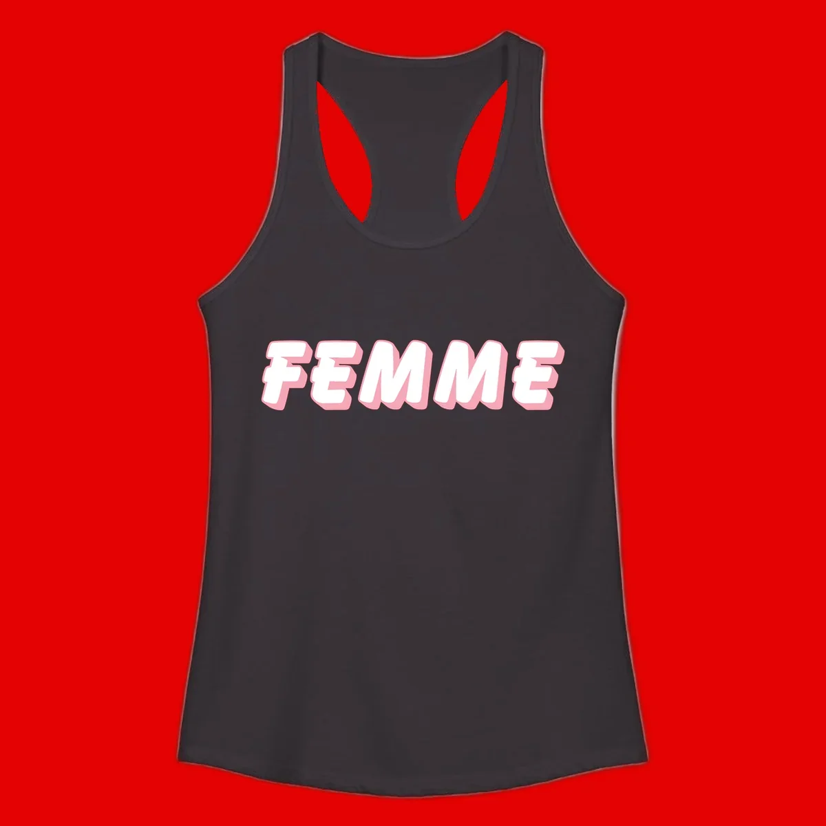 Bold 3D lettering spelling FEMME in white with pink dimensional shadowing on gray background