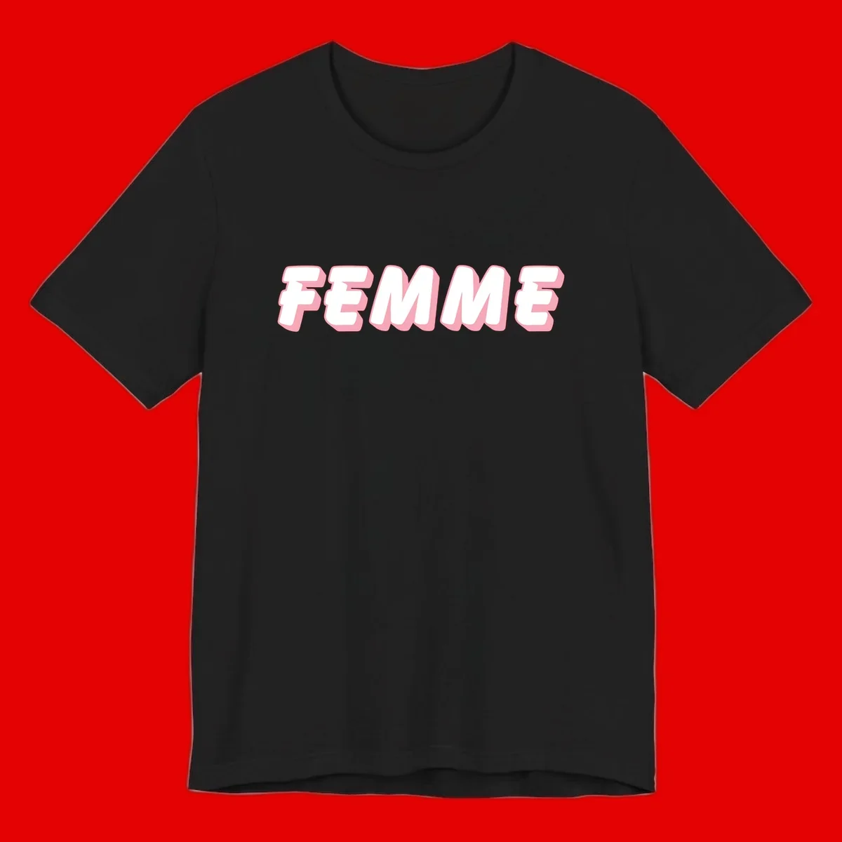 Bold 3D lettering spelling FEMME in white with pink dimensional shadowing on gray background