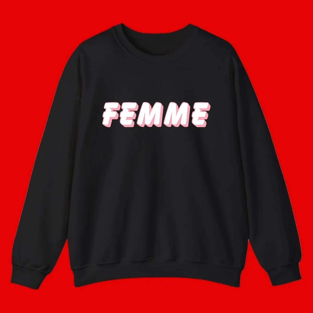 Bold 3D lettering spelling FEMME in white with pink dimensional shadowing on gray background