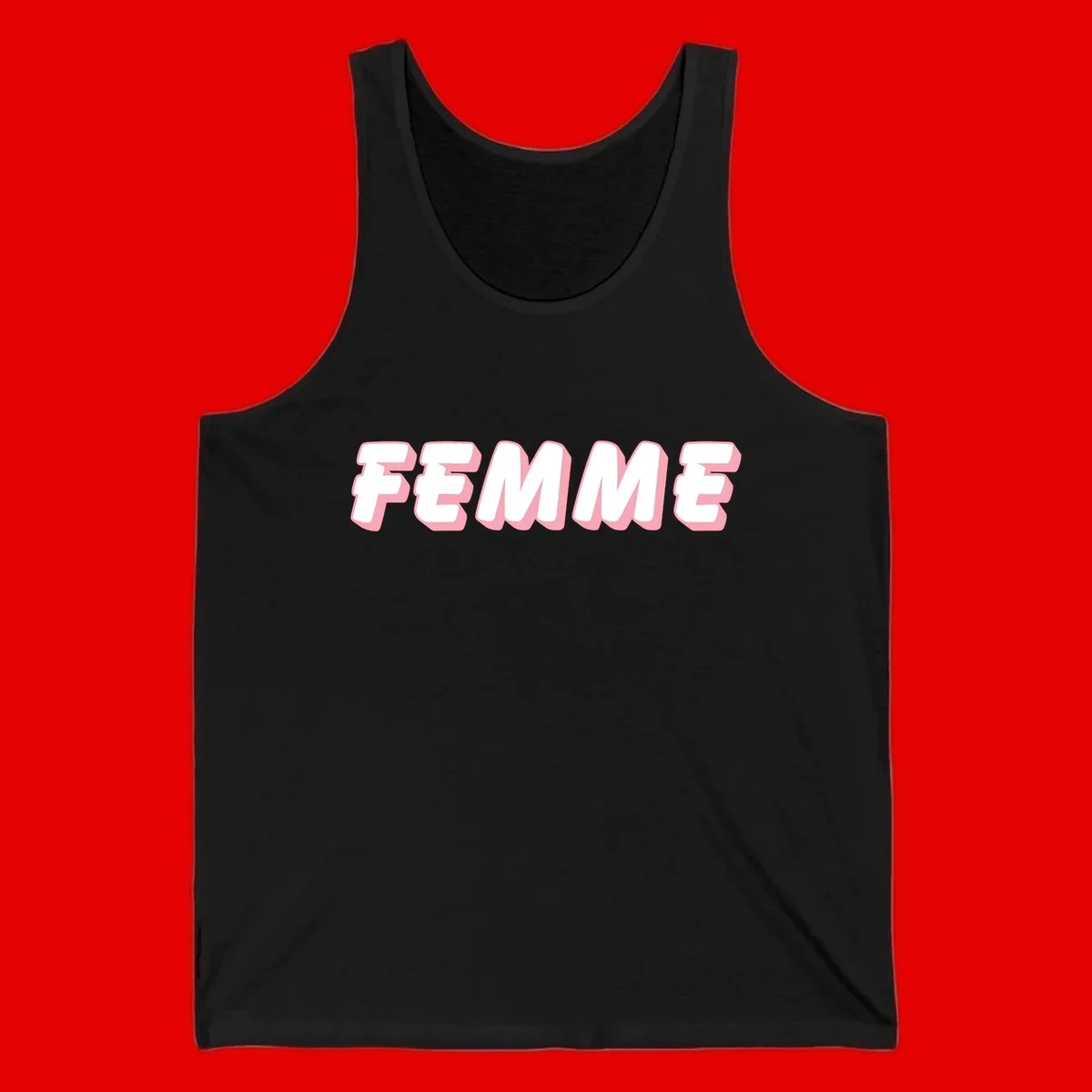 Bold 3D lettering spelling FEMME in white with pink dimensional shadowing on gray background