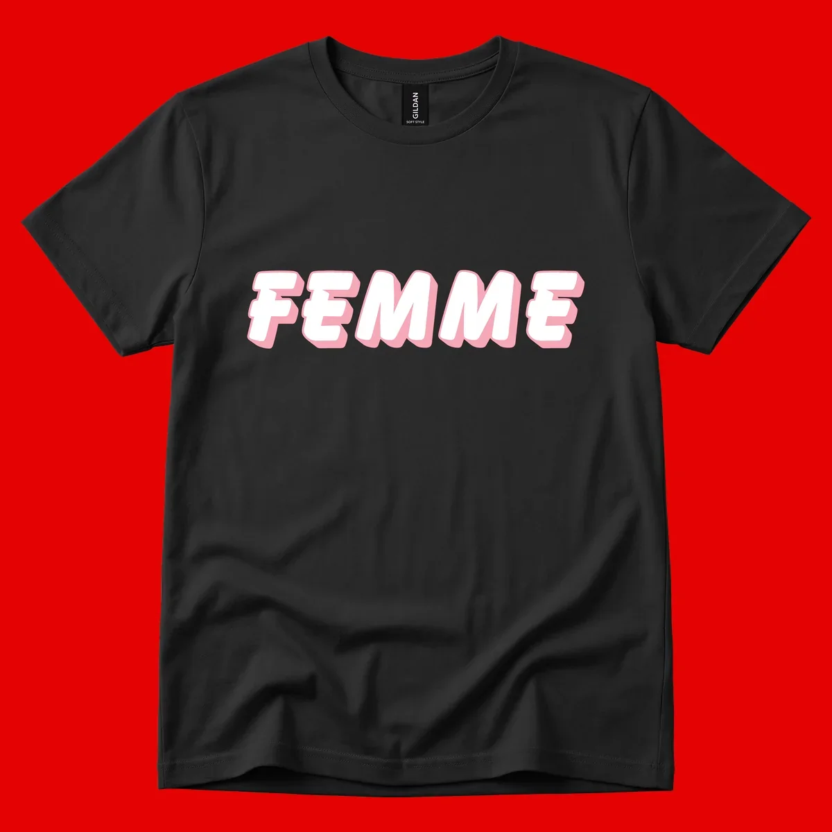 Bold 3D lettering spelling FEMME in white with pink dimensional shadowing on gray background