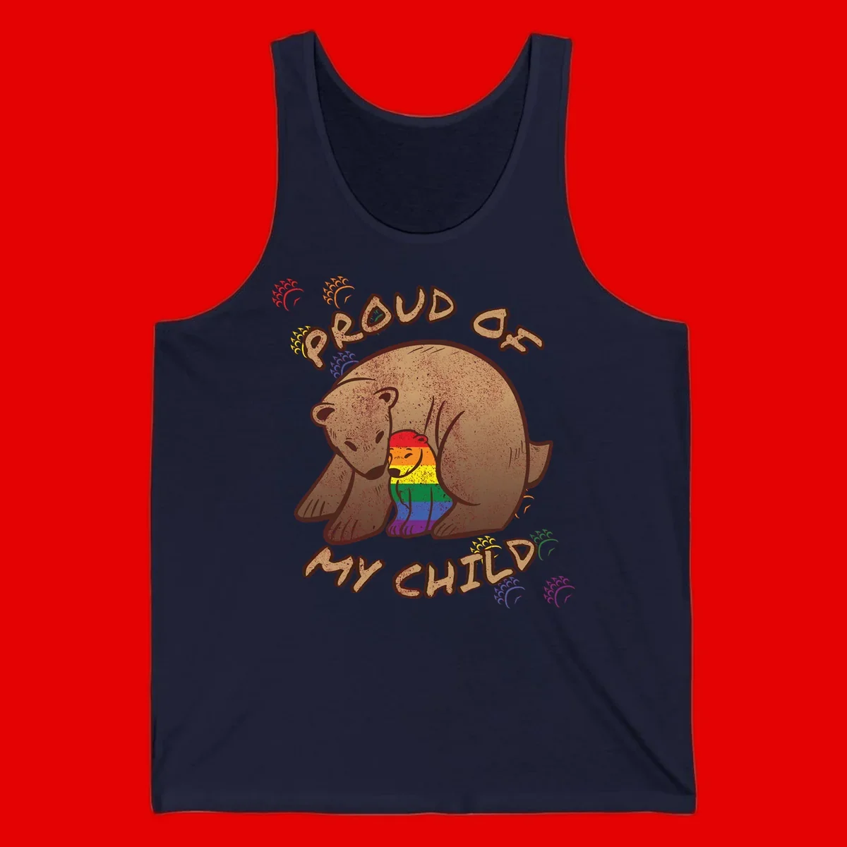 Brown bear proudly displaying rainbow pride colors with 'Proud As Shit' text and decorative bursts