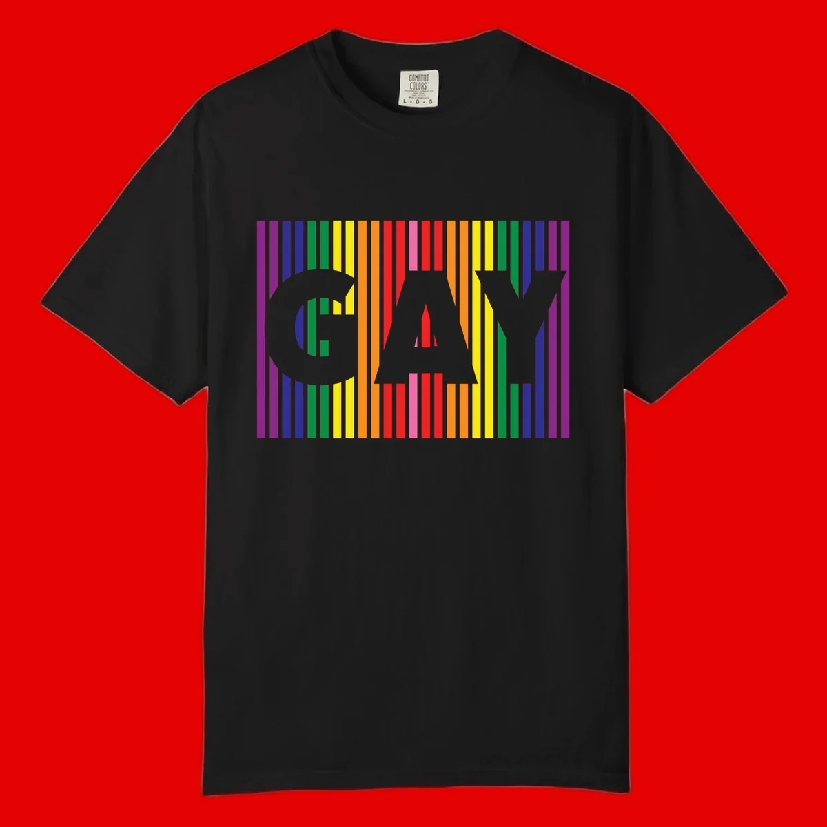 Rainbow pride cat silhouette with colorful vertical stripes in pride flag colors on gray background