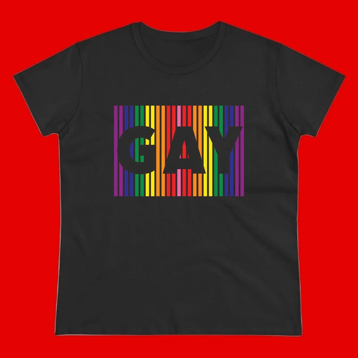 Rainbow pride cat silhouette with colorful vertical stripes in pride flag colors on gray background