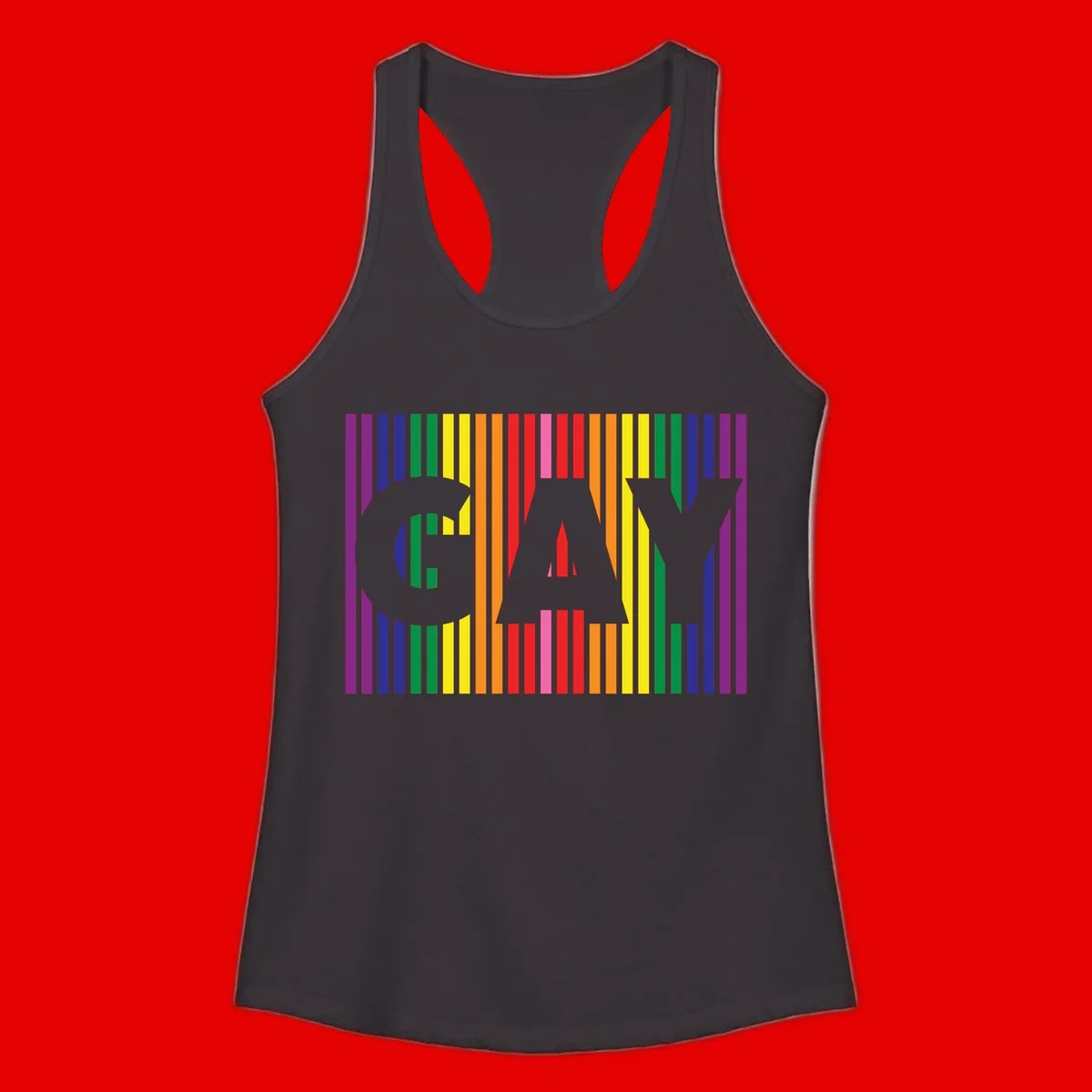 Rainbow pride cat silhouette with colorful vertical stripes in pride flag colors on gray background