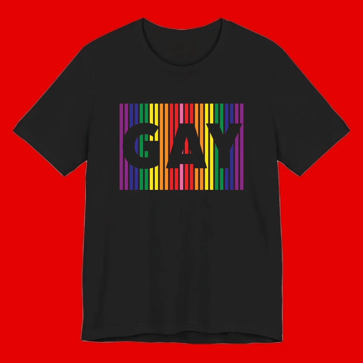 Rainbow pride cat silhouette with colorful vertical stripes in pride flag colors on gray background