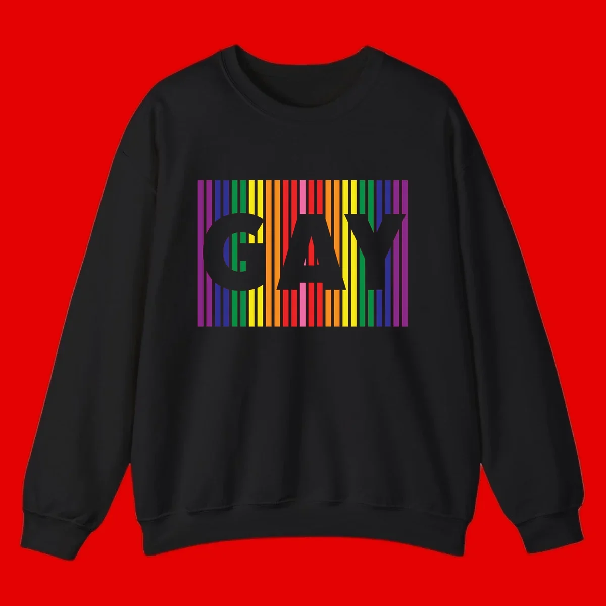 Rainbow pride cat silhouette with colorful vertical stripes in pride flag colors on gray background