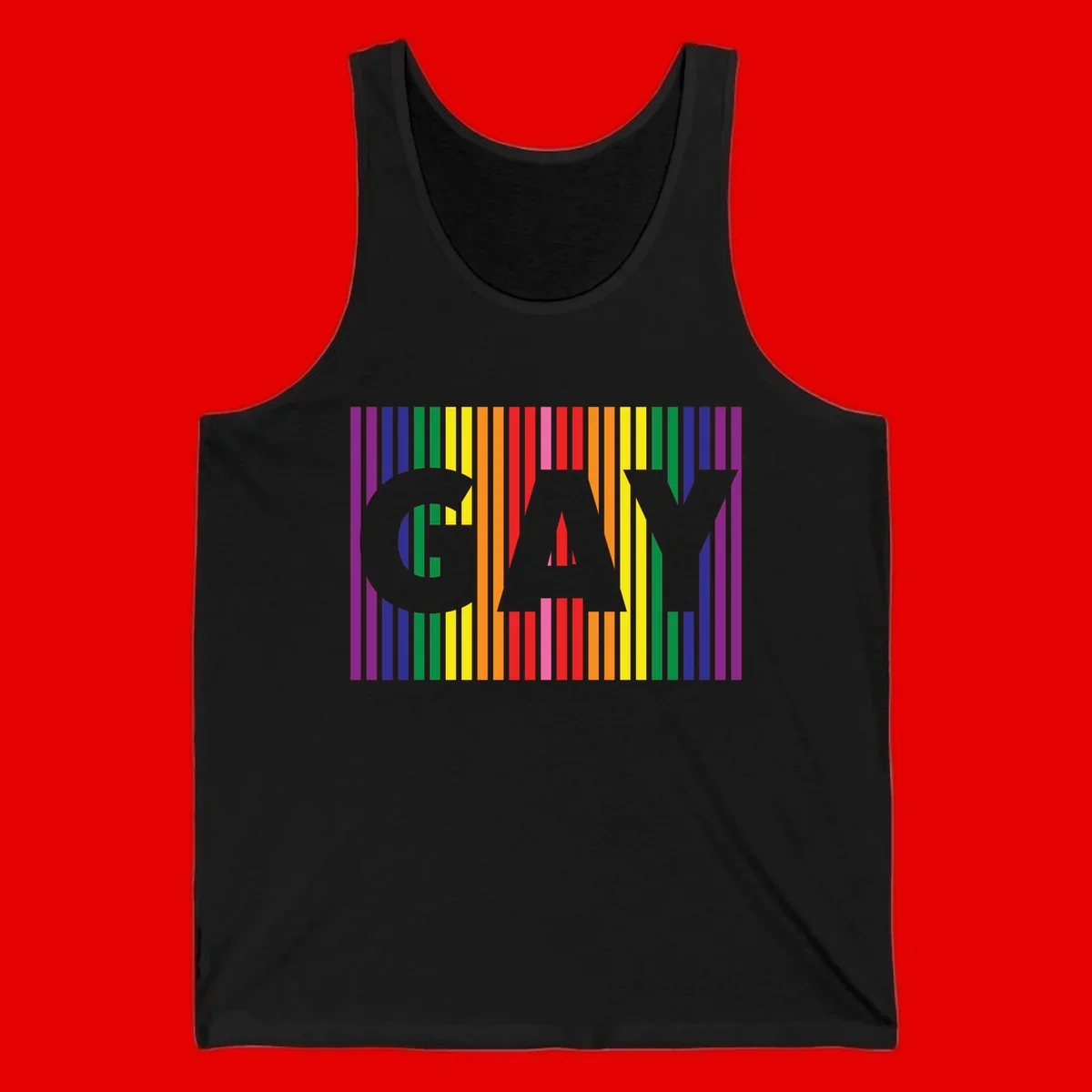 Rainbow pride cat silhouette with colorful vertical stripes in pride flag colors on gray background