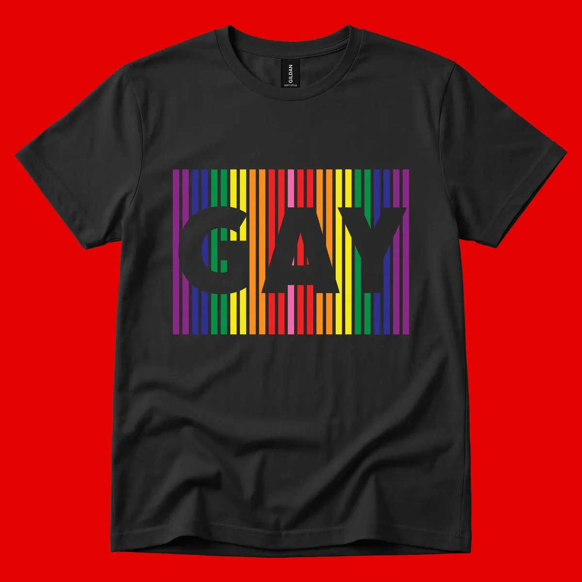 Rainbow pride cat silhouette with colorful vertical stripes in pride flag colors on gray background