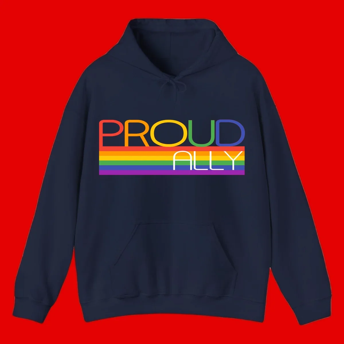 Proud Ally rainbow pride design with multicolored letters and horizontal pride flag stripes in red, orange, yellow, green, blue, and purple