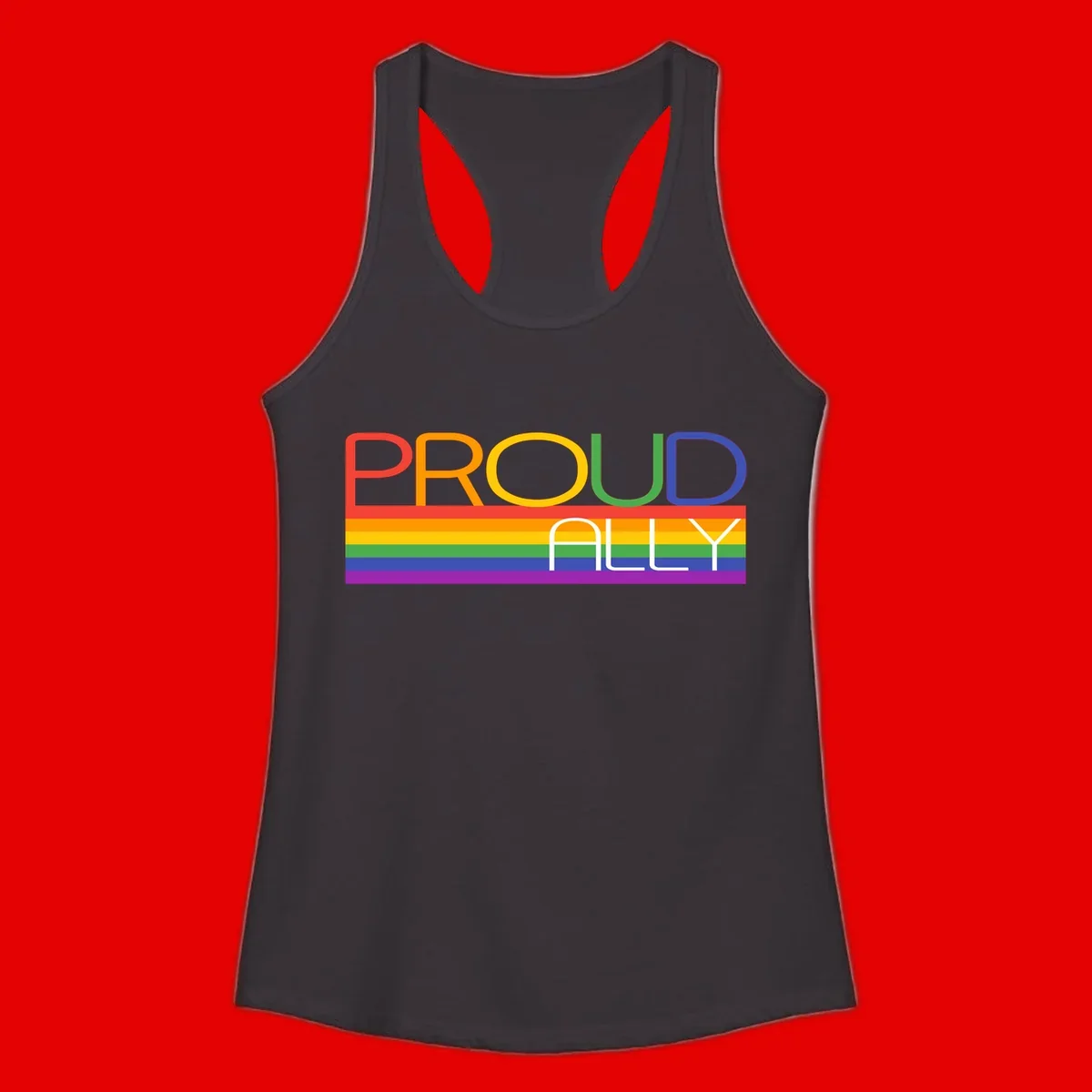 Proud Ally rainbow pride design with multicolored letters and horizontal pride flag stripes in red, orange, yellow, green, blue, and purple