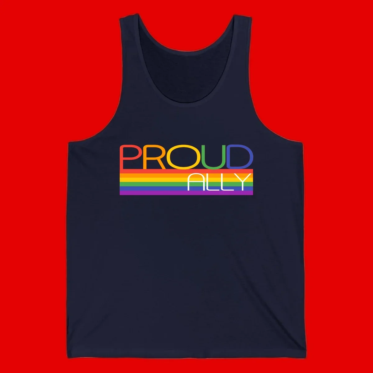 Proud Ally rainbow pride design with multicolored letters and horizontal pride flag stripes in red, orange, yellow, green, blue, and purple