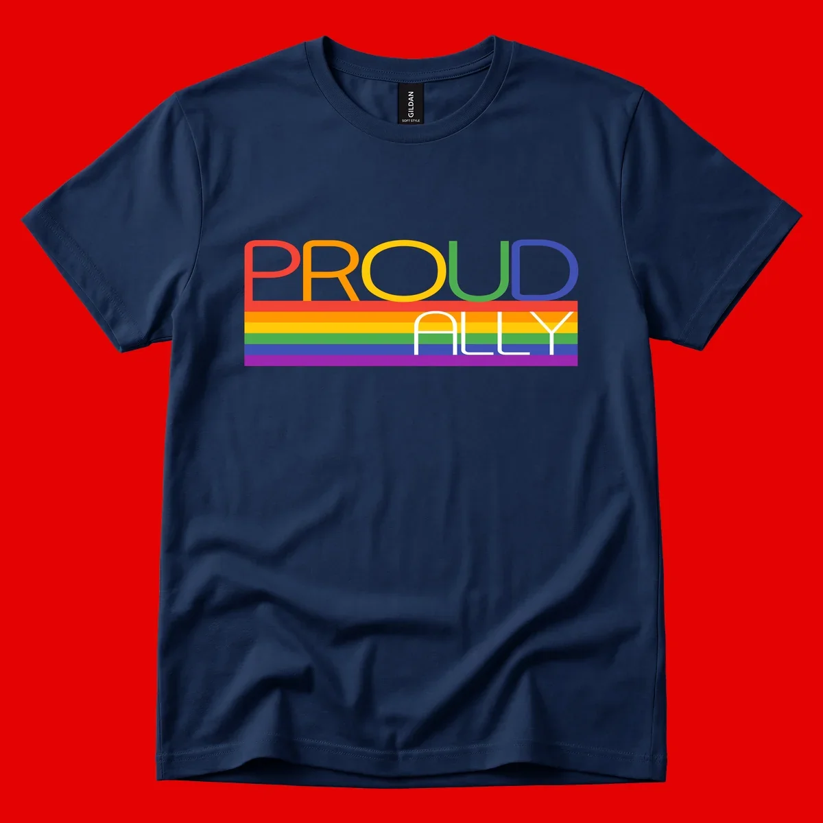 Proud Ally rainbow pride design with multicolored letters and horizontal pride flag stripes in red, orange, yellow, green, blue, and purple
