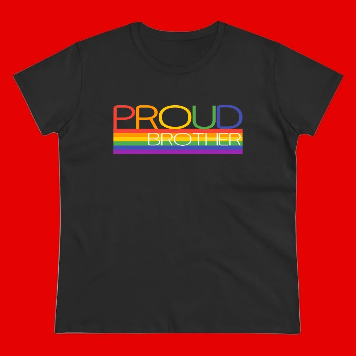 Proud Brother Pride design with colorful rainbow flag stripes and multicolored text celebrating LGBTQ+ pride and family support