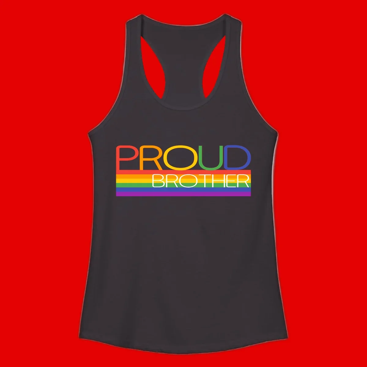 Proud Brother Pride design with colorful rainbow flag stripes and multicolored text celebrating LGBTQ+ pride and family support