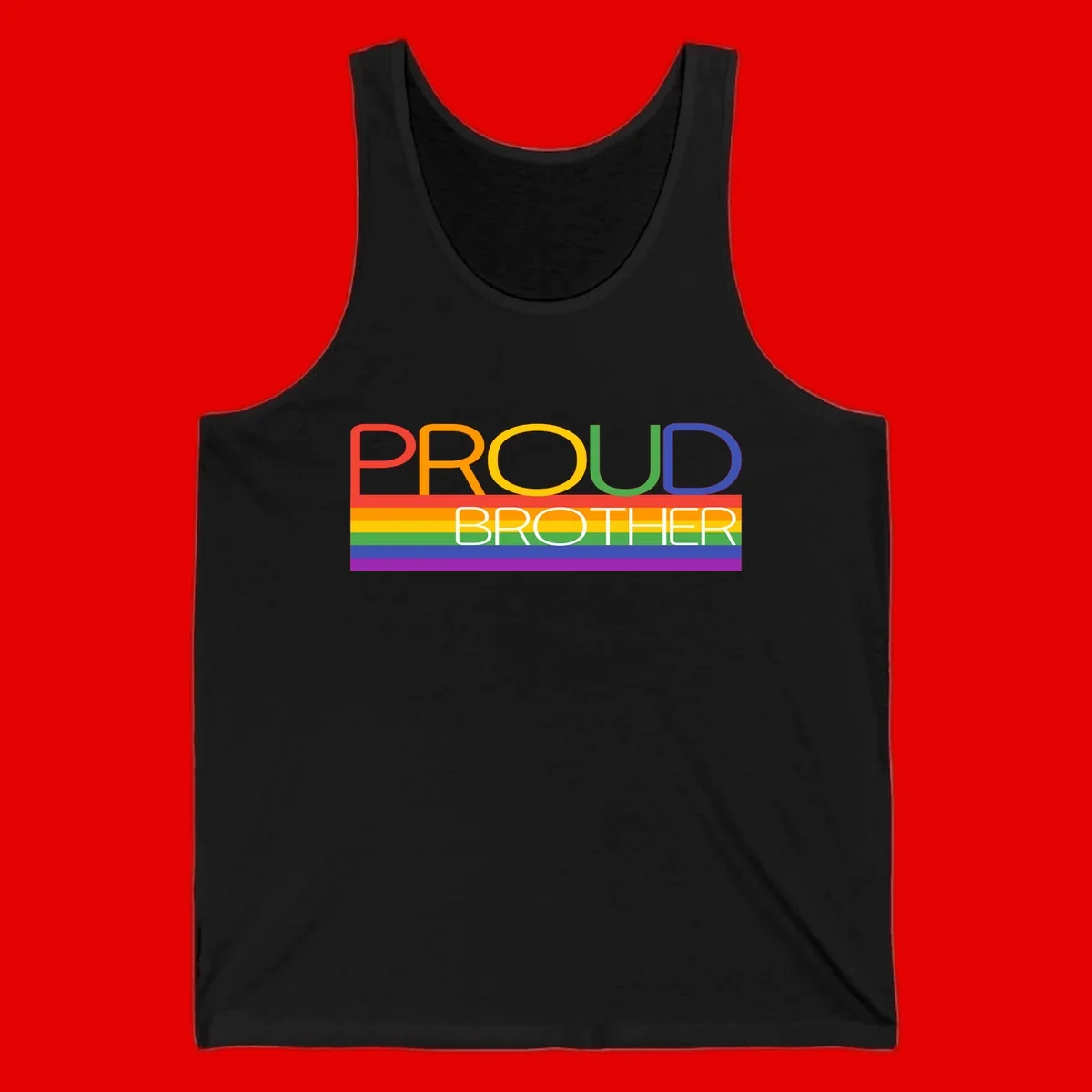 Proud Brother Pride design with colorful rainbow flag stripes and multicolored text celebrating LGBTQ+ pride and family support