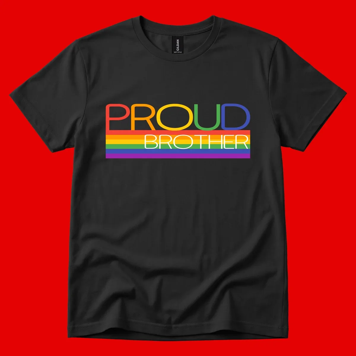 Proud Brother Pride design with colorful rainbow flag stripes and multicolored text celebrating LGBTQ+ pride and family support
