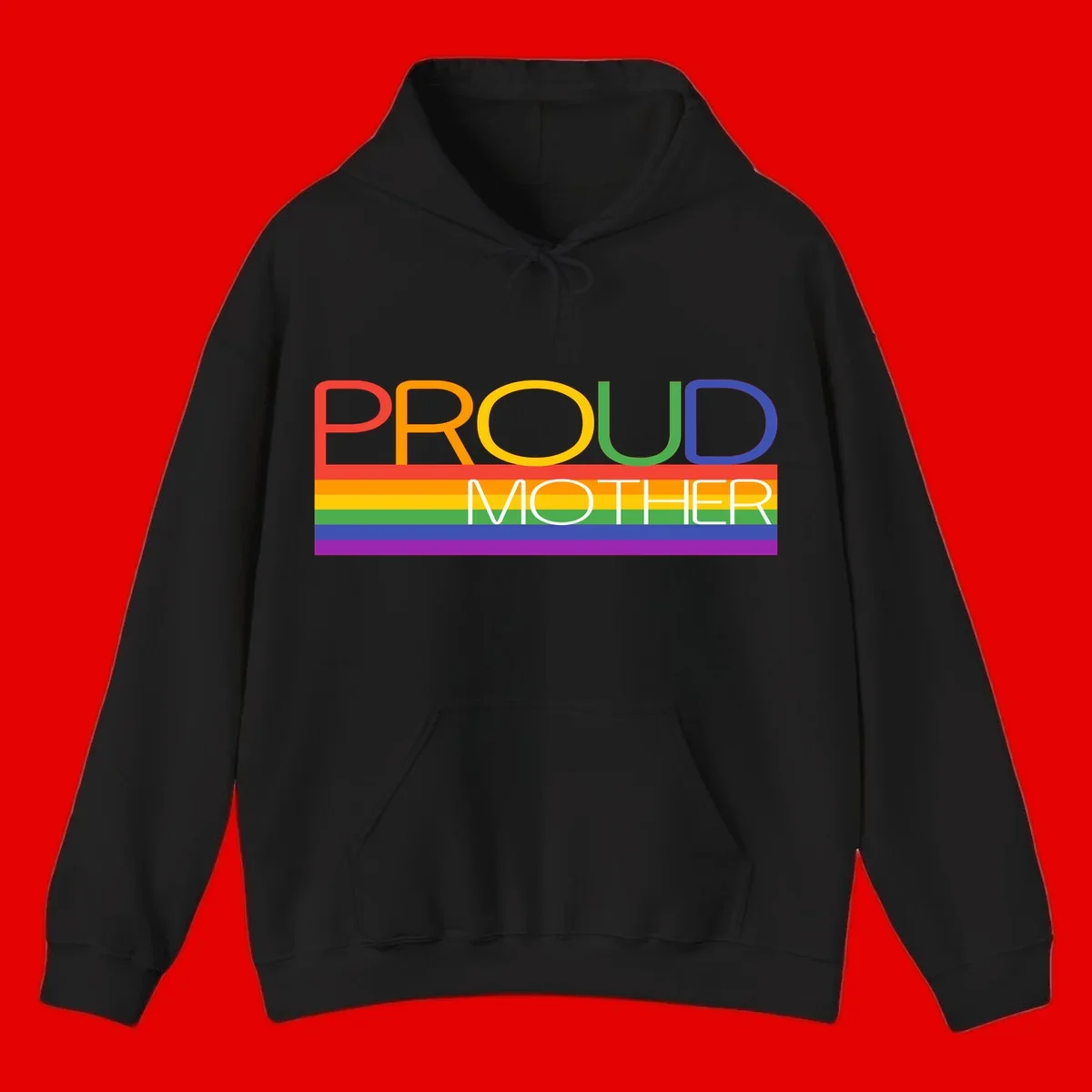 Colorful 'Proud Mother' text in red, orange, yellow, green, blue, and purple letters over horizontal rainbow pride flag stripes on gray background