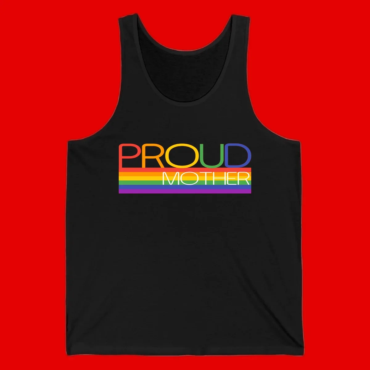 Colorful 'Proud Mother' text in red, orange, yellow, green, blue, and purple letters over horizontal rainbow pride flag stripes on gray background