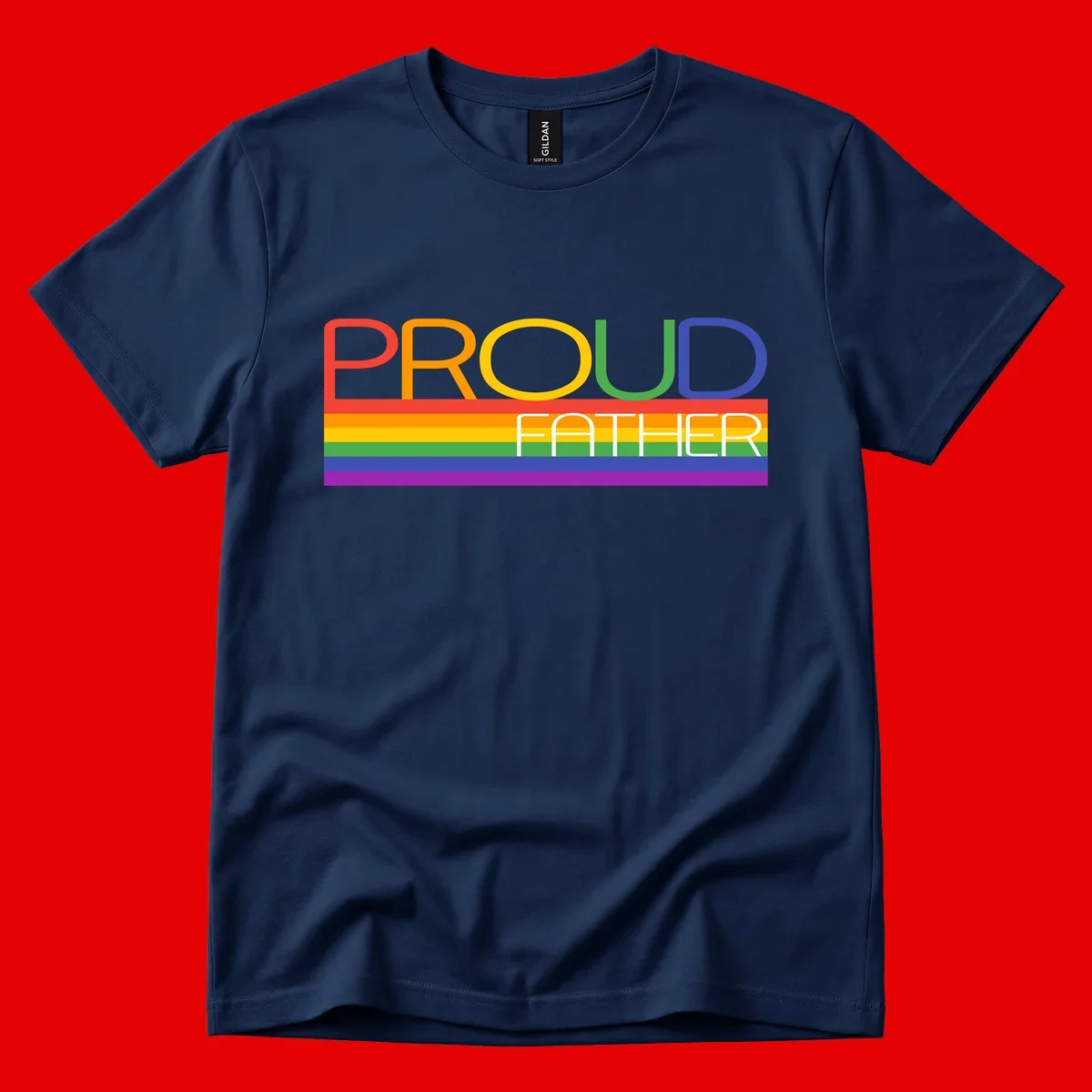Proud father pride design with rainbow-colored letters and horizontal pride flag stripes