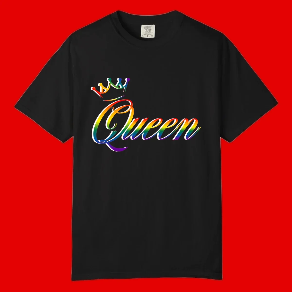 Rainbow queen pride design with four connected figures in pride colors and gradient text