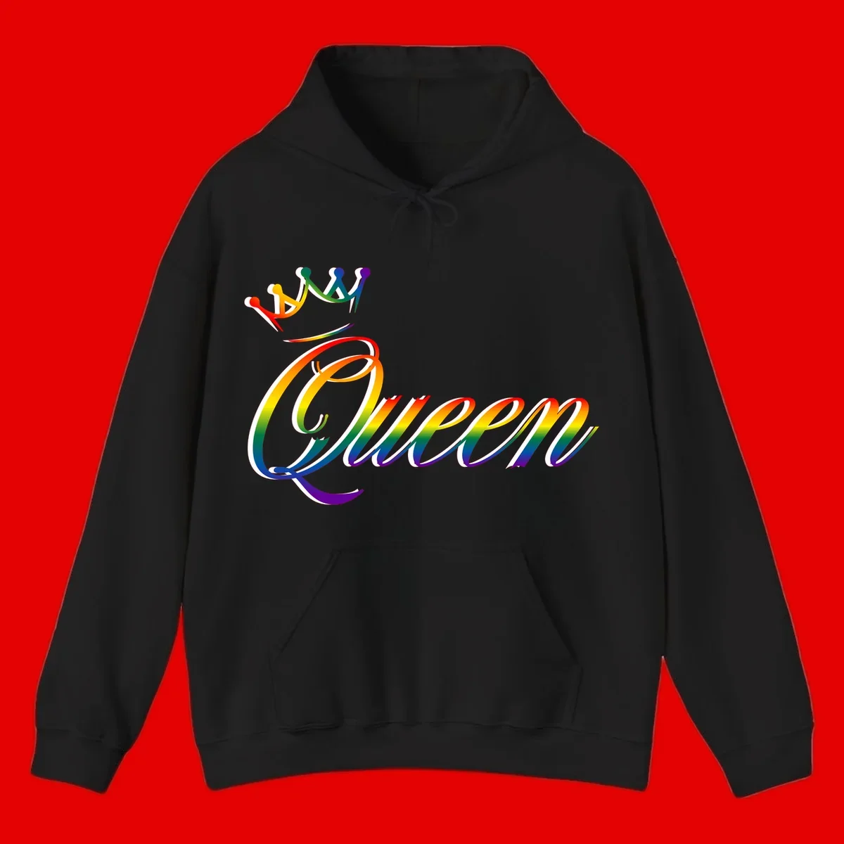 Rainbow queen pride design with four connected figures in pride colors and gradient text