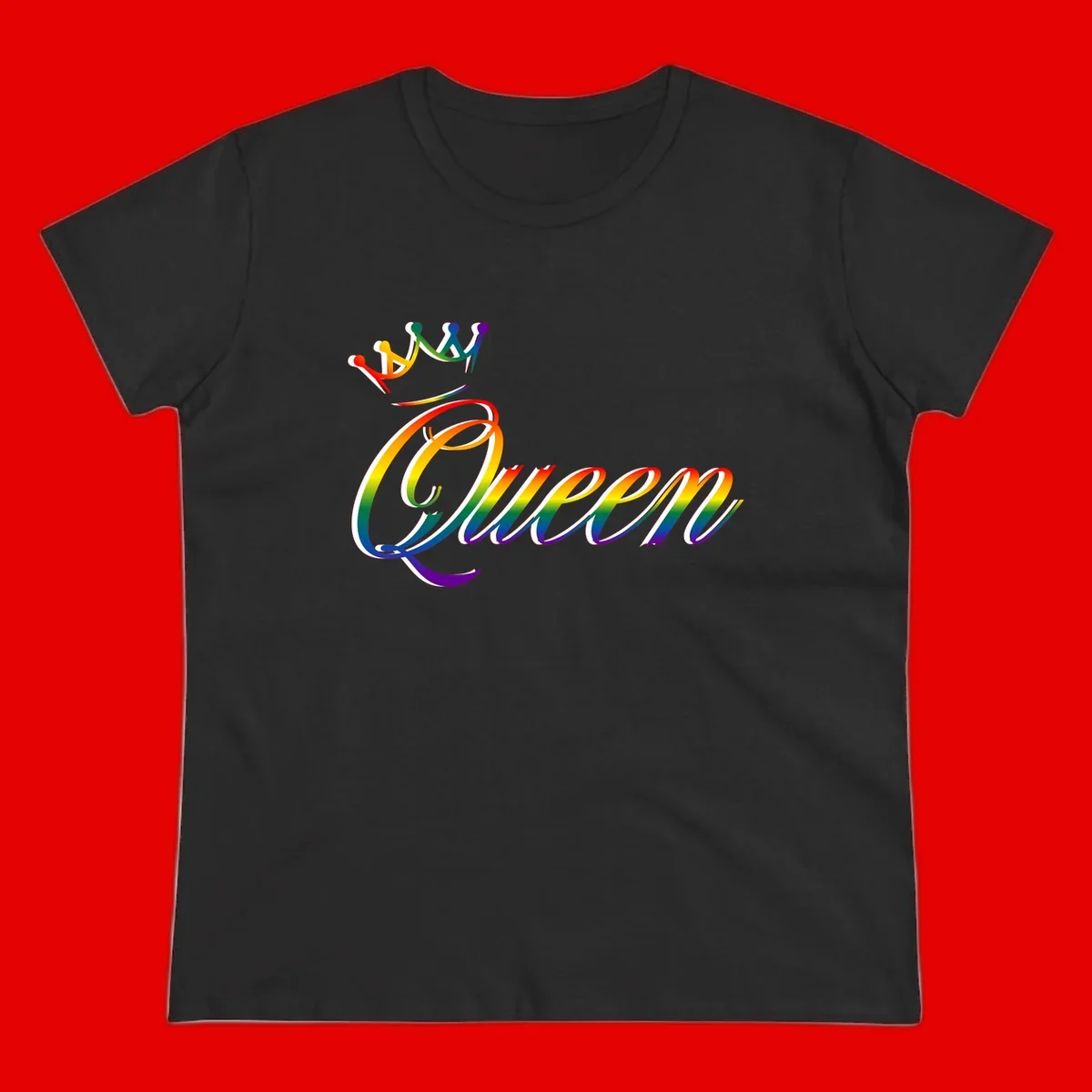 Rainbow queen pride design with four connected figures in pride colors and gradient text