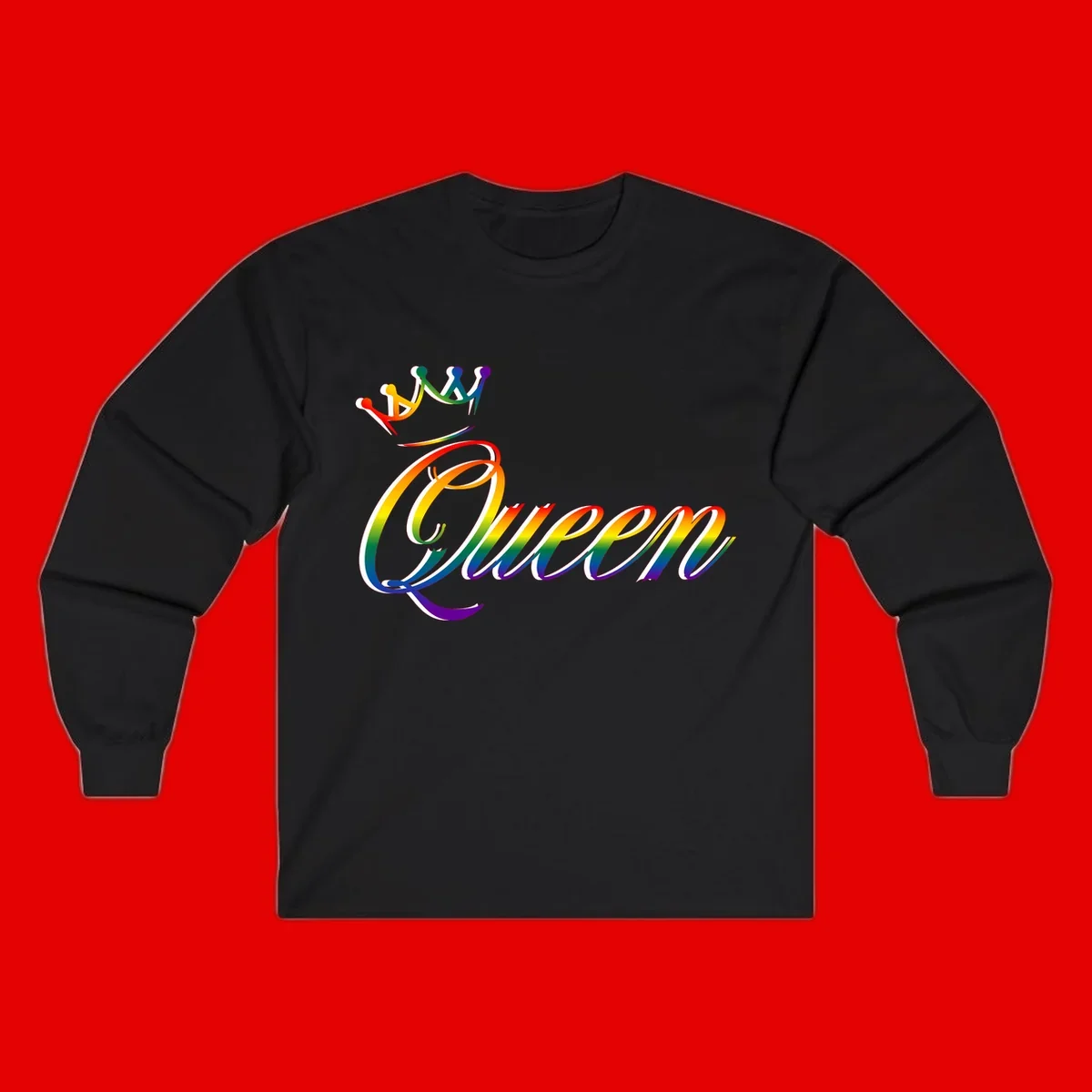 Rainbow queen pride design with four connected figures in pride colors and gradient text