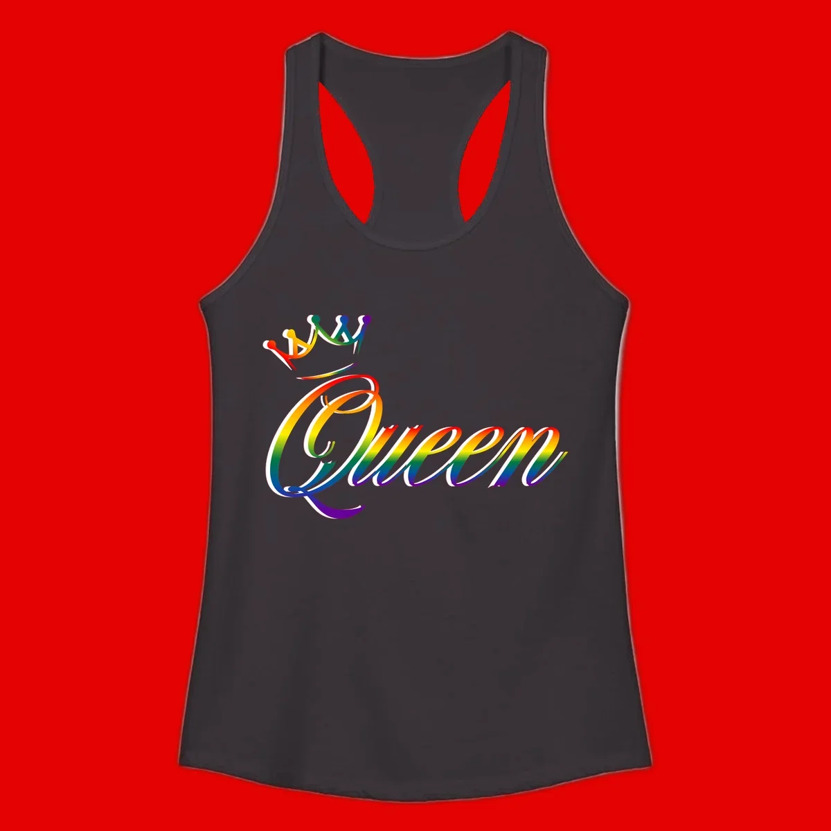 Rainbow queen pride design with four connected figures in pride colors and gradient text
