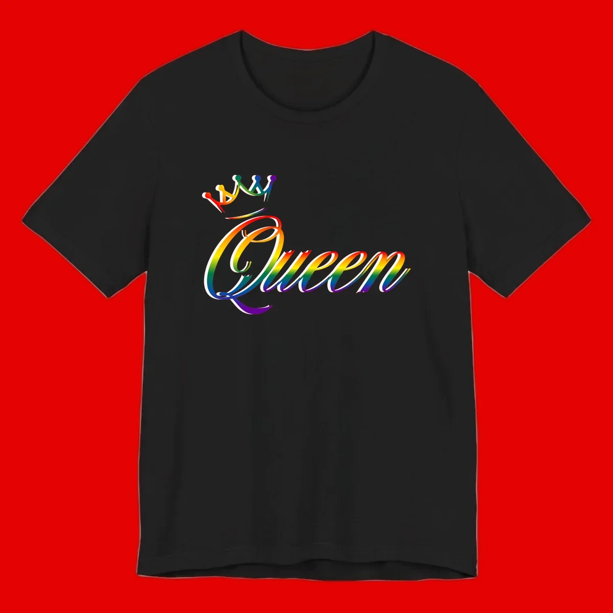 Rainbow queen pride design with four connected figures in pride colors and gradient text