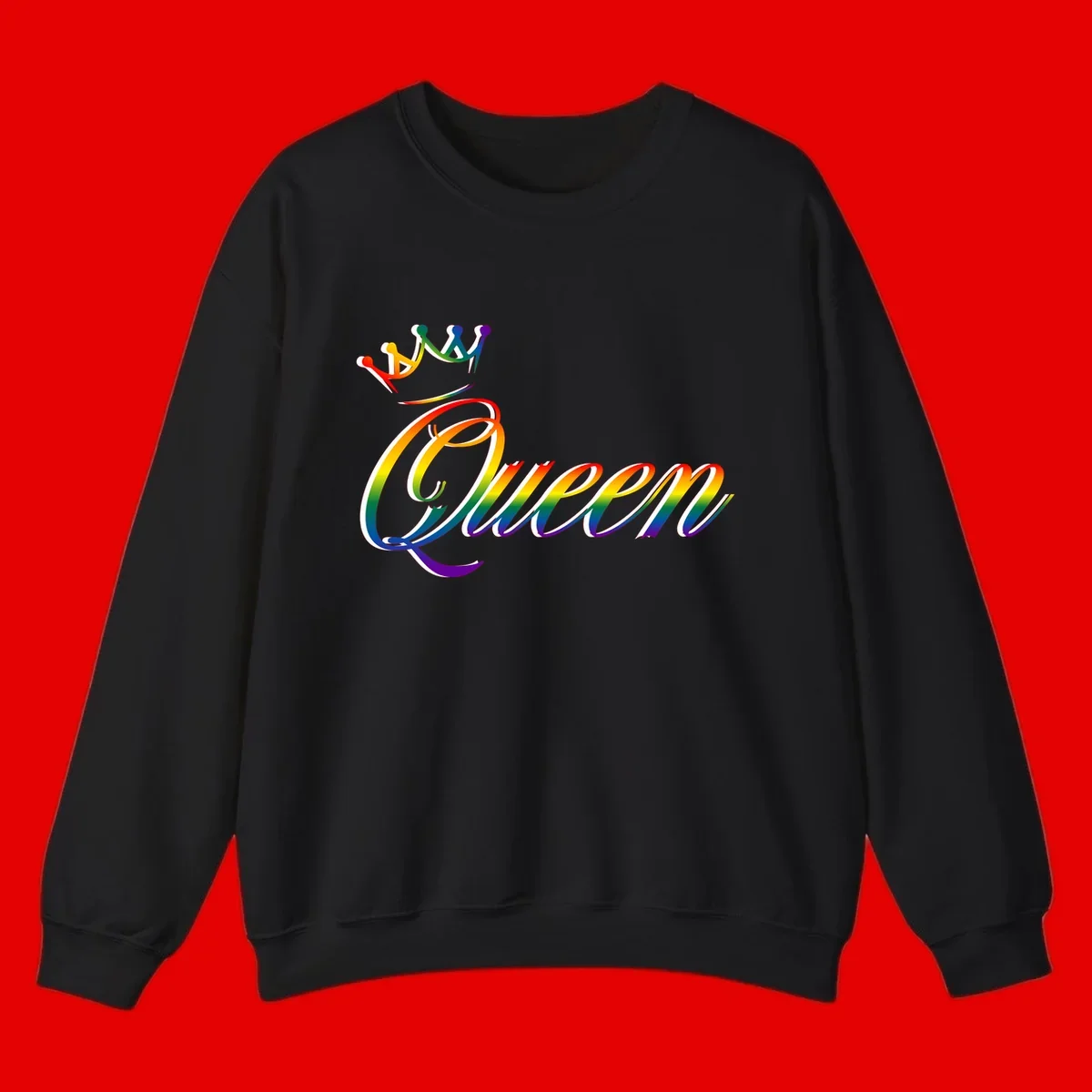 Rainbow queen pride design with four connected figures in pride colors and gradient text