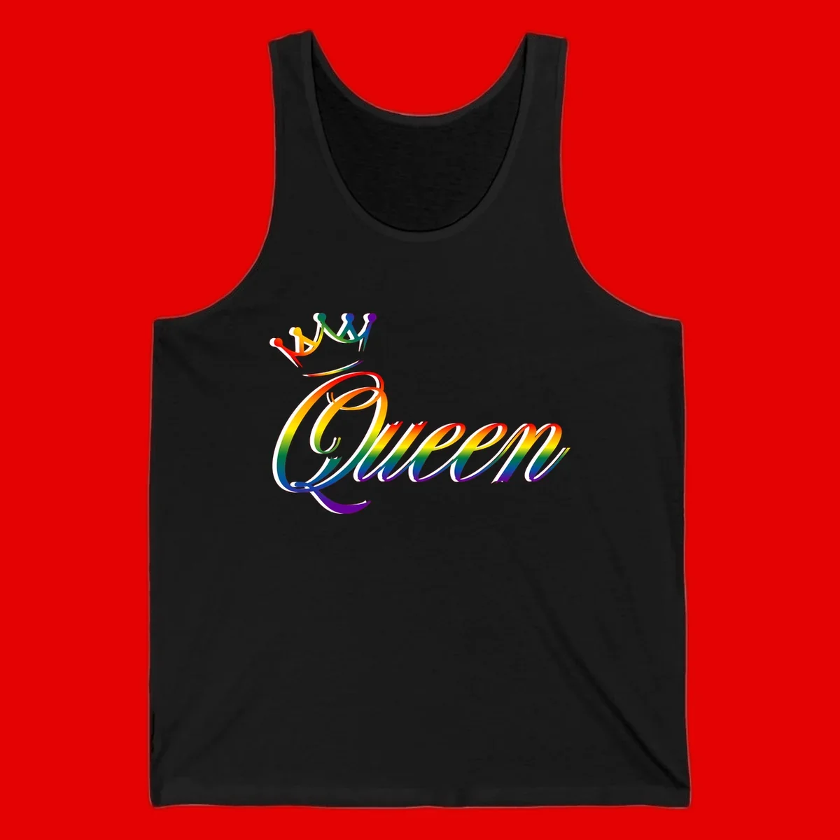 Rainbow queen pride design with four connected figures in pride colors and gradient text