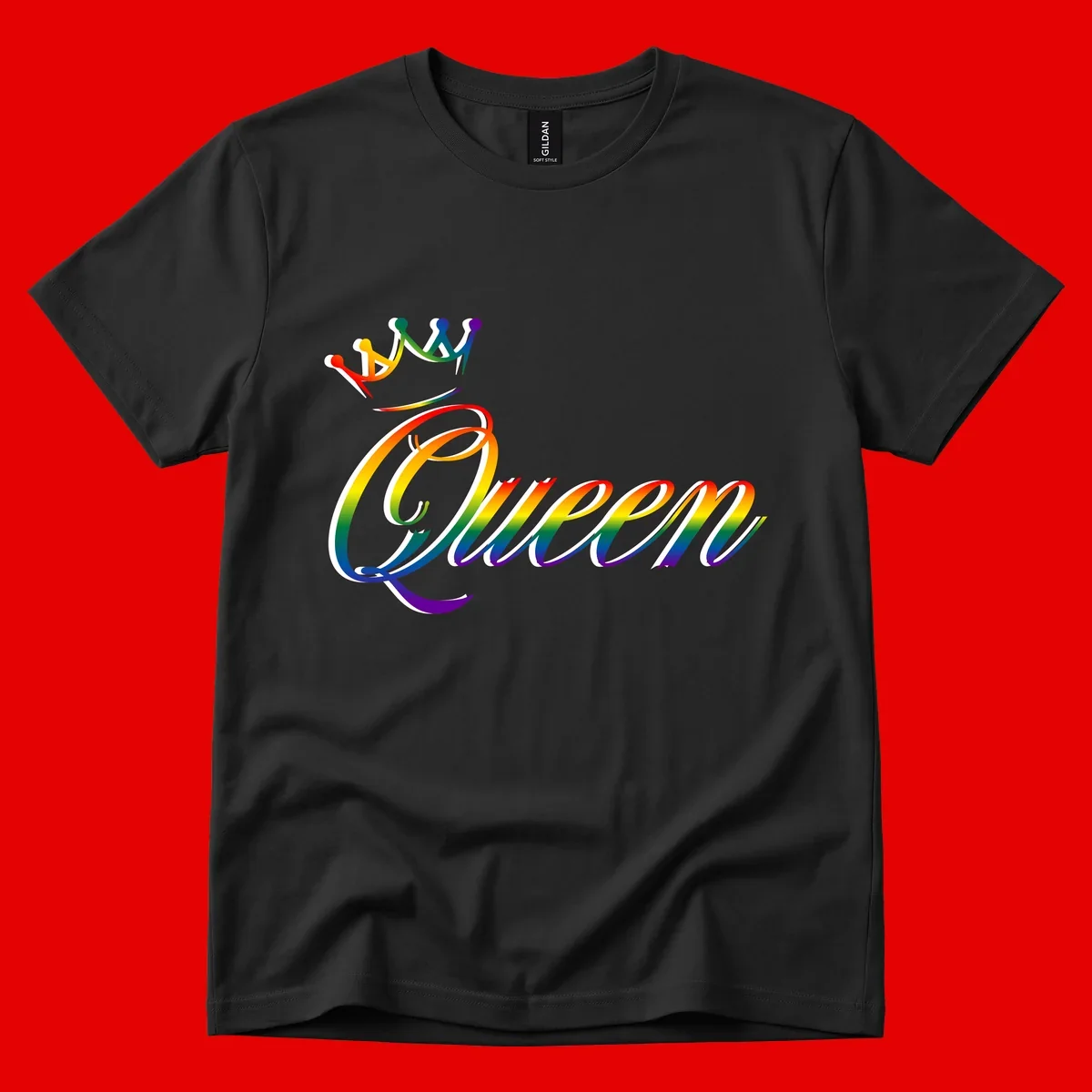 Rainbow queen pride design with four connected figures in pride colors and gradient text
