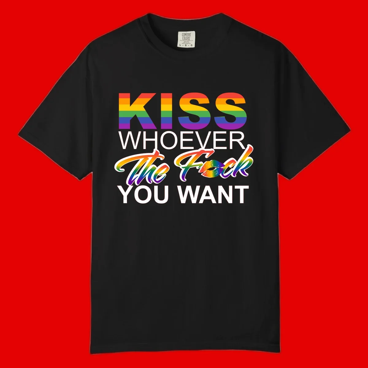 Rainbow pride flag design with kiss-whoever-you-want message, colorful lips graphic, and bold text celebrating LGBTQ love and acceptance