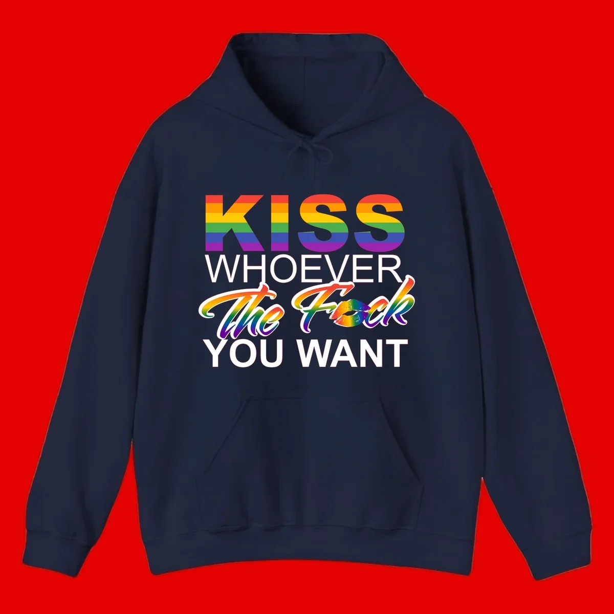 Rainbow pride flag design with kiss-whoever-you-want message, colorful lips graphic, and bold text celebrating LGBTQ love and acceptance