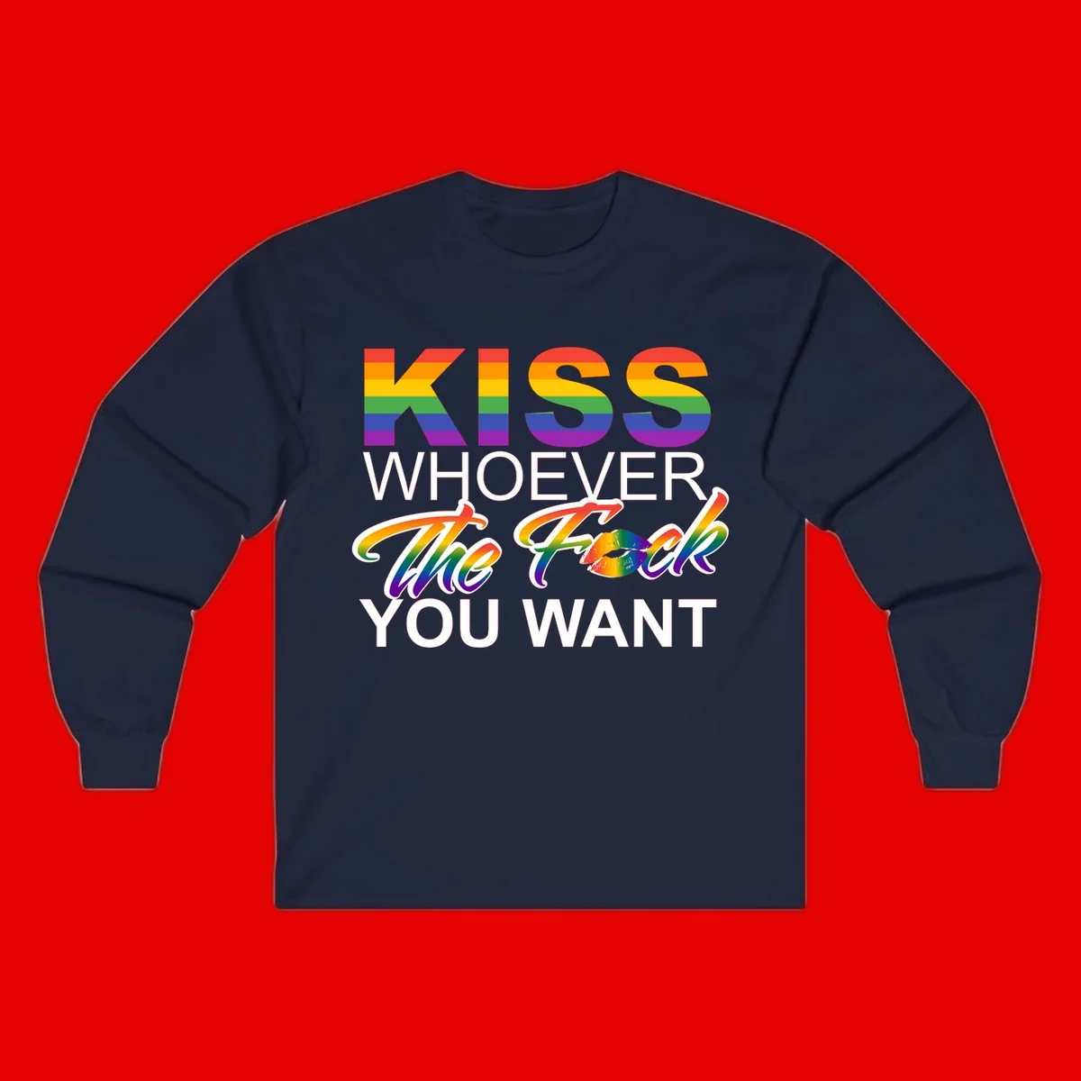 Rainbow pride flag design with kiss-whoever-you-want message, colorful lips graphic, and bold text celebrating LGBTQ love and acceptance