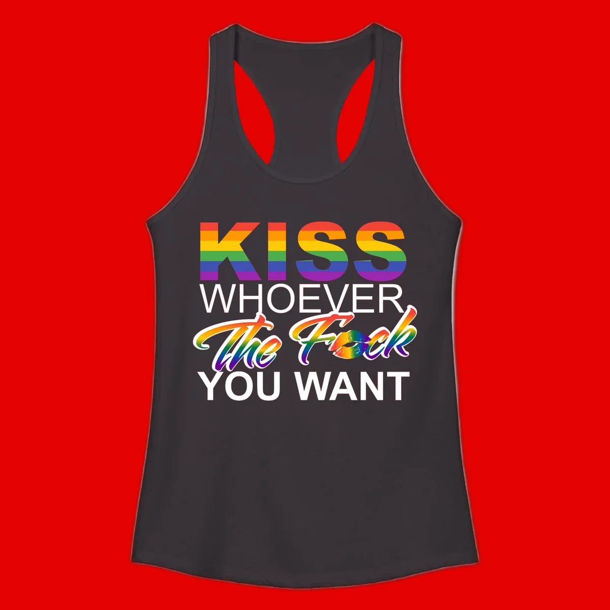 Rainbow pride flag design with kiss-whoever-you-want message, colorful lips graphic, and bold text celebrating LGBTQ love and acceptance